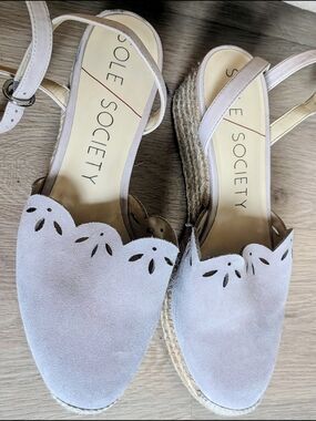 Sole Society Women's Grey/Taupe Espadrille Ankle Wrap Lazer Cut Wedges